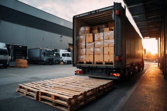 Large semi-trailer truck loaded with cardboard boxes at a warehouse loading dock during sunset, illustrating logistics and supply chain.