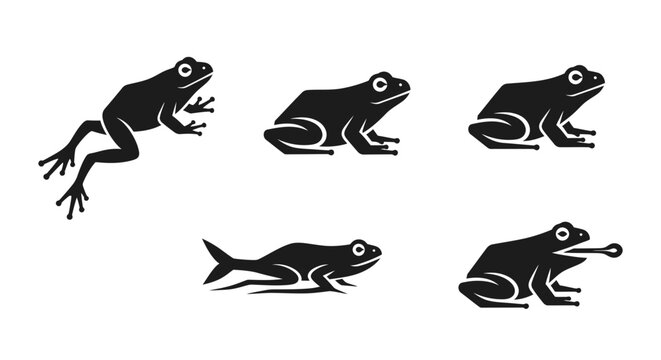 Five different black silhouette icons of frogs in various action poses on a white background