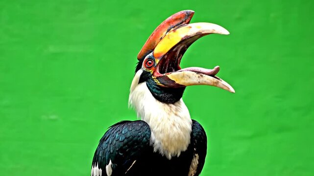 A close-up shot of a magnificent Oriental Pied Hornbill with its beak wide open against a vibrant green background.