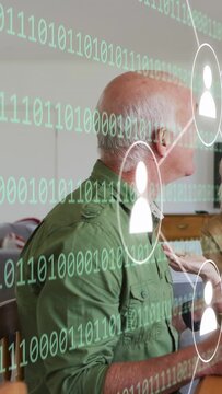 Vertical video: Senior man seated laughing woman touching him sparking binary avatars showing tech