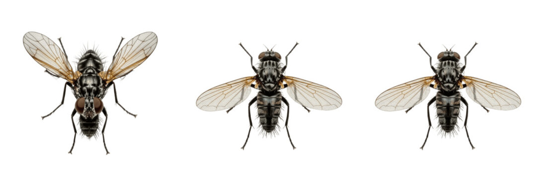 House Fly Insect Pest Set, Realistic Musca Domestica Flying and Crawling Poses Isolated on White Background, Macro Biology 3D Render Illustration for Science and Education