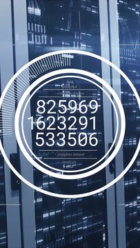 Animating concentric HUD overlay showing stacked numeric readouts on server rack, with cables, LEDs