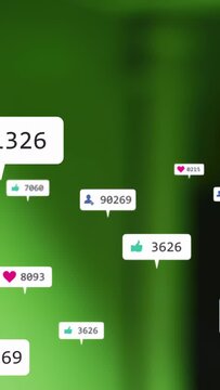 Incoming alerts causing likes, heart badges growing on green backdrop, shifting right for marketing
