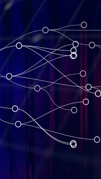 Vertical video: Console text fading in causing tech map unfolding drawing curvy lines and nodes