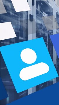 Vertical video: Opening frame, blue tiles rotating across racks, showing mail phone for technology