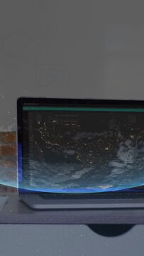 Vertical video: Blue band appearing on laptop screen, transforming map into clouded Earth view