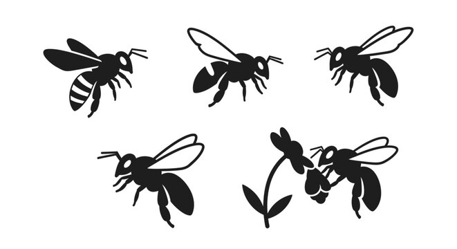 Collection of stylized black and white vector bee illustrations, depicting various flying and resting poses, including a bee pollinating a flower, perfect for nature themes