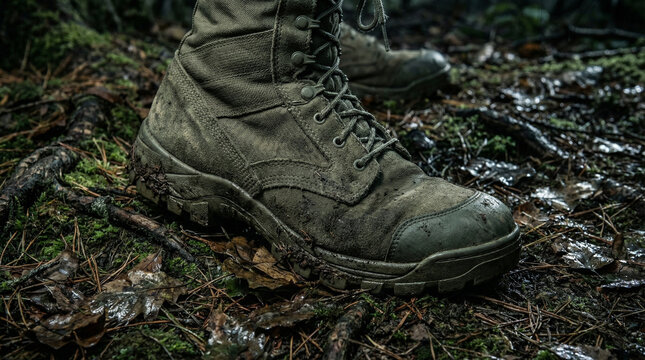 Worn combat boot of special forces soldier during stealthy forest insertion, captured in moody, dim light with detailed focus on muddy terrain and foliage