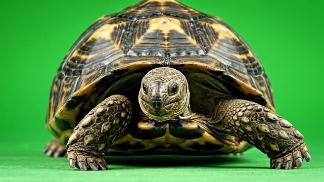 Close-up front view of a patterned tortoise with a brown and black shell on a vibrant green background.
