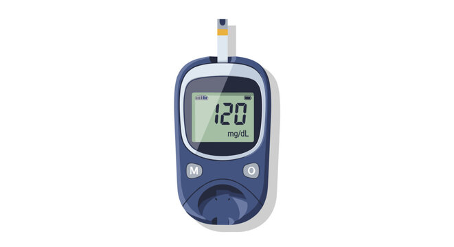 Digital blood sugar meter displaying glucose level for diabetes management, with sleek blue design on white background
