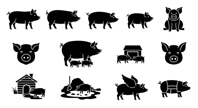 Versatile Collection of Pig Silhouettes A Comprehensive Set of Farm Animal Icons for Design and Agricultural Concepts