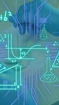 Vertical video: Tip lowering, tech adding sample into dish for assay in lab neon overlay rising