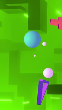 Vertical video: Frame 2 cueing purple wedge rotating while cyan sphere bobbing showing neon layout