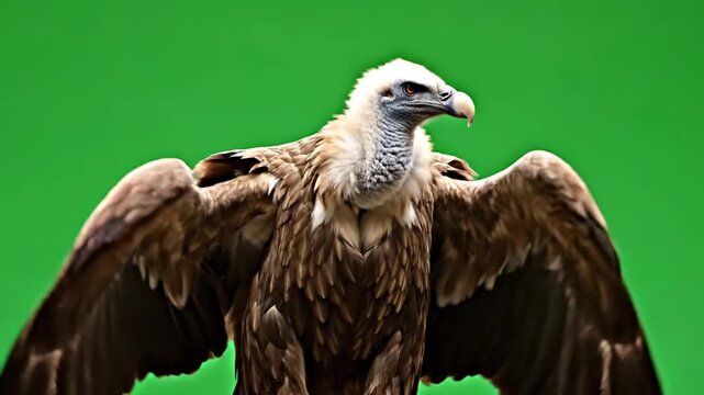 A majestic griffon vulture with outstretched wings against a vibrant green screen background, showcasing its powerful presence and detailed plumage.