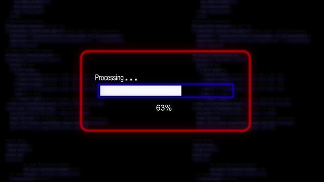 cyan glowing progress bar shows 100% Proccessing on a background of computer code programming.4K Data Transfer and Secure Cloud Server Storage Technology Animation