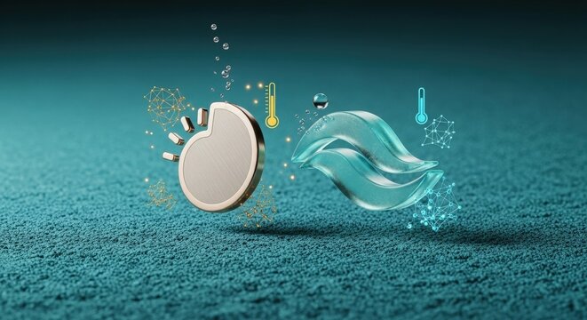 Ocean Thermal Energy Concept: Macro Titanium Sun and Glass Wave on Turquoise Volcanic Stone
