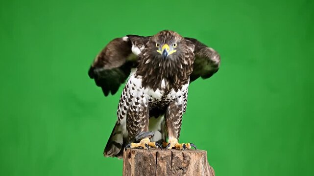 A majestic brown and white speckled hawk or eagle with wings slightly spread, standing on a wooden stump against a vibrant green screen.