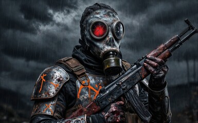Obraz premium Rusted soldier in gas mask wielding guns under stormy rain.