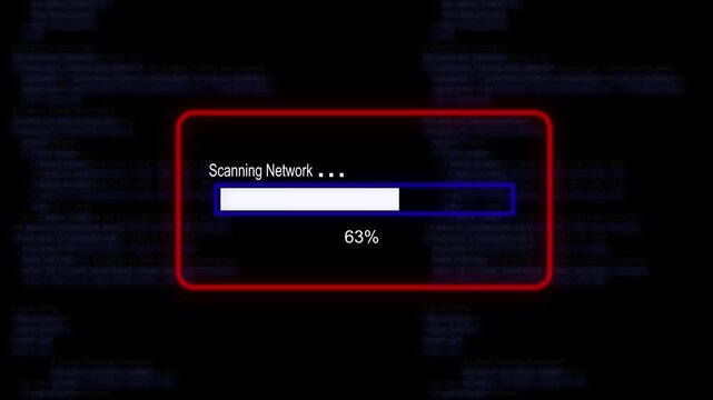 cyan glowing progress bar shows 100% percent of scanning network on a background of computer code programming. 4K Data Transfer and Secure Cloud Server Storage Technology Animation