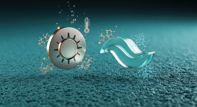Ocean Thermal Energy Concept: Macro Titanium Sun and Glass Wave on Turquoise Volcanic Stone