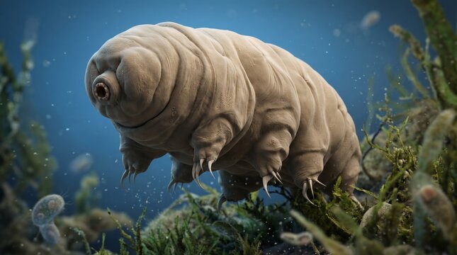 A detailed close-up of a tardigrade, also known as a water bear, with its segmented body and eight legs, in a vibrant underwater microhabitat.
