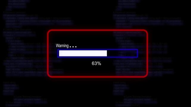 cyan glowing progress bar shows 100% percent of warning on a background of computer code programming.4K Data Transfer and Secure Cloud Server Storage Technology Animation