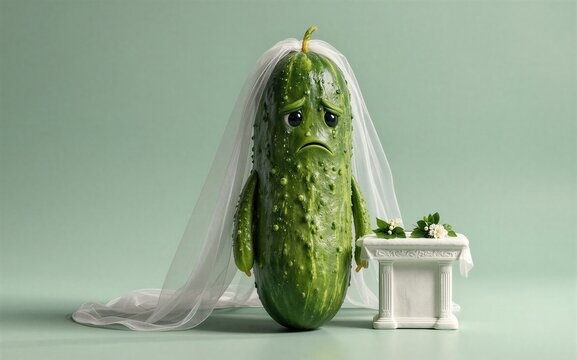 Sad cucumber in wedding veil tears falling beside small table with