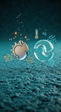 Ocean Thermal Energy Concept: Macro Titanium Sun and Glass Wave on Turquoise Volcanic Stone