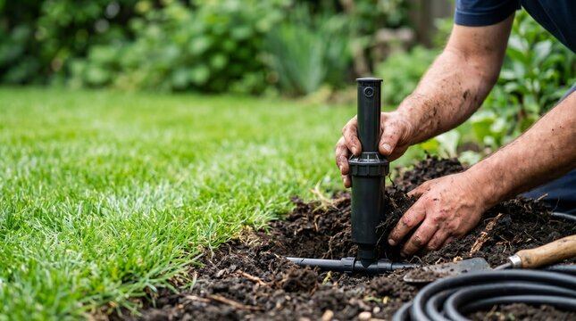 Gardener installing pop up sprinkler head in residential lawn. Man repairing irrigation system in garden soil. Professional landscaping service, water saving technology and farming maintenance.