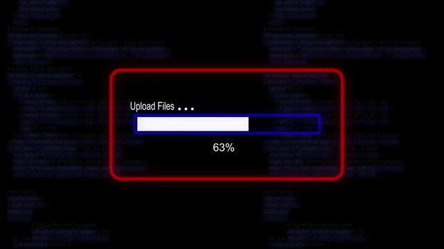 cyan glowing progress bar shows 100% percent of upload files on a background of computer code programming.4K Data Transfer and Secure Cloud Server Storage Technology Animation