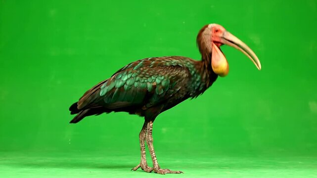 A striking ibis bird with dark iridescent feathers, a long curved bill, and a bare reddish head standing against a vibrant green background.