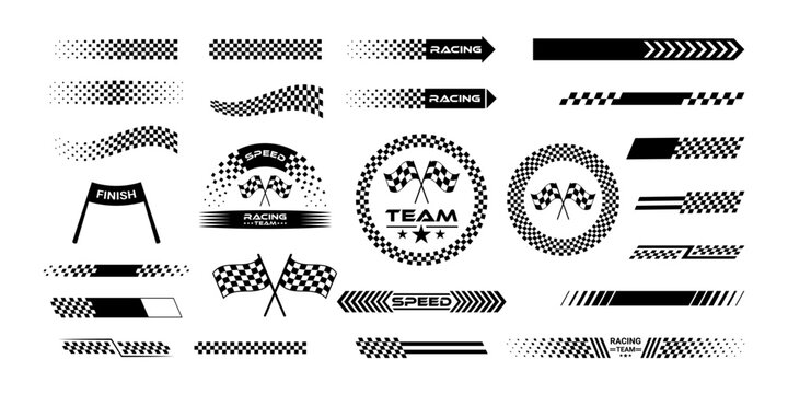 Collection of racing stripes and checkered flag graphics for racing speed and competition symbol vector. finish line, motocross labels, speed motion, motorsport, racing stripe speed symbol