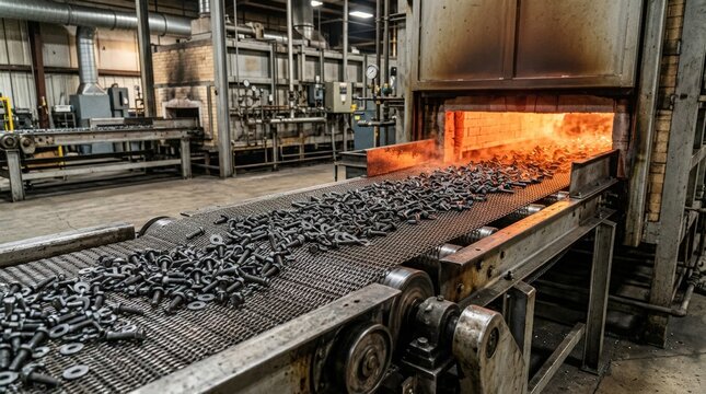 Medium shot capturing fasteners moving on a continuous belt into a heat treatment furnace emphasizing automated workflow and temperaturecontrolled environment.