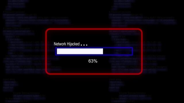 cyan glowing progress bar shows 100% percent of network hijacked on a background of computer code programming. 4K Data Transfer and Secure Cloud Server Storage Technology Animation