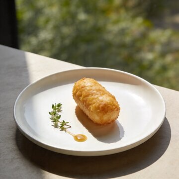 Crispy golden potato croquette or rissole served as a gourmet appetizer on a white plate with fresh herbs