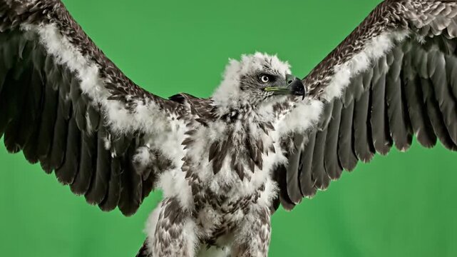 A young eagle chick with its wings spread wide against a vibrant green screen background, showcasing its developing feathers.