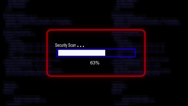 cyan glowing progress bar shows 100% percent of security scan on a background of computer code programming.4K Data Transfer and Secure Cloud Server Storage Technology Animation