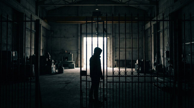 Silhouette of dissident in dark warehouse suggesting exile and arrest, standing behind metal bars with dramatic lighting and industrial background