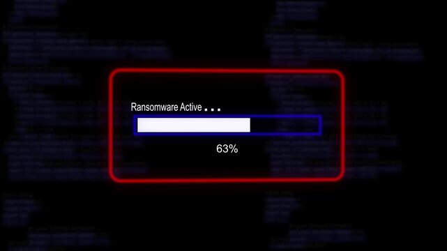 cyan glowing progress bar shows 100% percent of ransomware a background of computer code programming.4K Data Transfer and Secure Cloud Server Storage Technology Animation