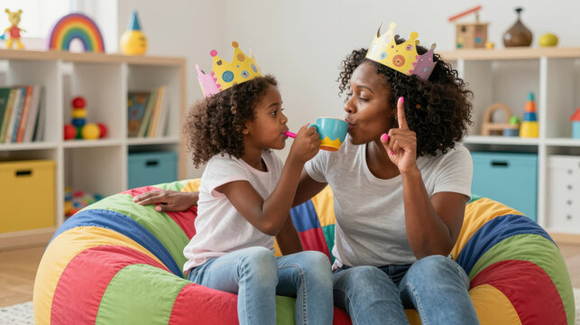 Mother wearing paper crown pretends to sip from toy cup as daughter in matching crown feeds her in colorful playroom, playful bonding and imaginative roleplay with cozy beanbag seating