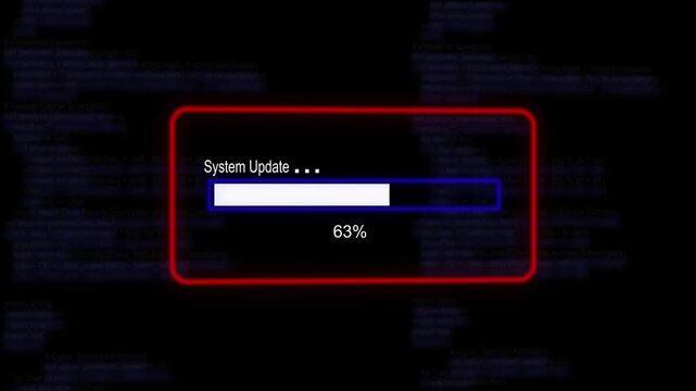cyan glowing progress bar shows 100% percent of system update on a background of computer code programming. 4K Data Transfer and Secure Cloud Server Storage Technology Animation