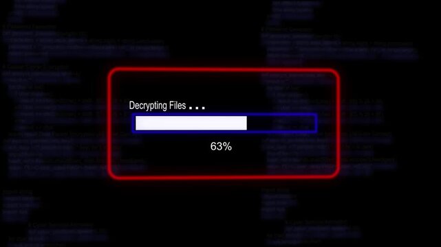 cyan glowing progress bar shows 100% percent of decrypting files on a background of computer code programming.4K Data Transfer and Secure Cloud Server Storage Technology Animation