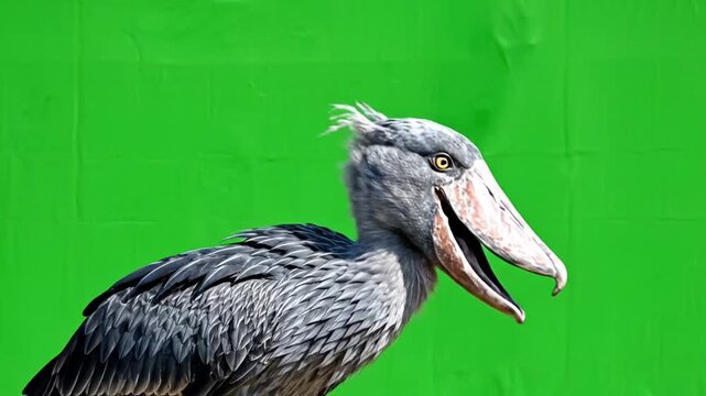 Close-up side profile of a shoebill bird with its large beak open, set against a vibrant green background.