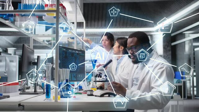 Researcher performing clinical study in lab, studying human DNA using biomedicine technology, AI AR visualization. African american expert writing notes, analyzing data in laboratory, HUD overlay