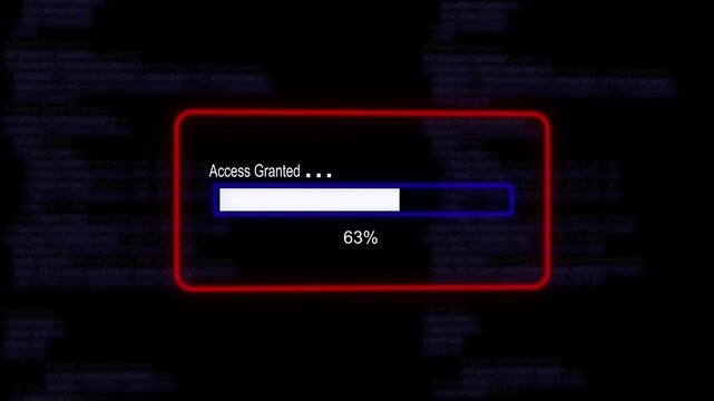 cyan glowing progress bar shows 100% percent of access granted on a background of computer code programming. 4K Data Transfer and Secure Cloud Server Storage Technology Animation