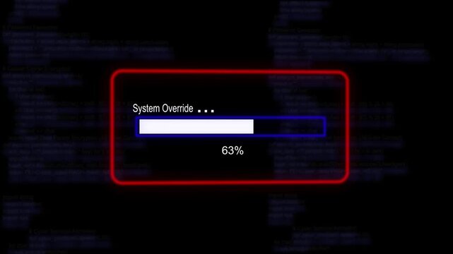 cyan glowing progress bar shows 100% percent of system override on a background of computer code programming.4K Data Transfer and Secure Cloud Server Storage Technology Animation