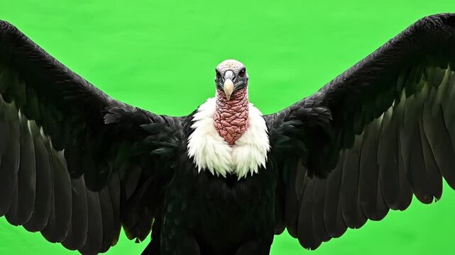 A majestic Andean condor with its wings spread wide, facing forward against a vibrant green screen.