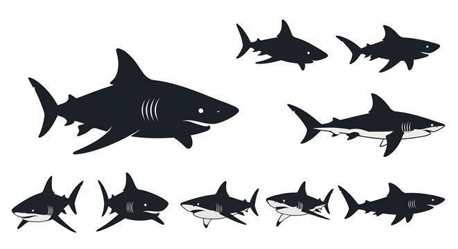 Collection of Diverse Shark Silhouettes and Illustrations Showcasing Different Angles and Poses