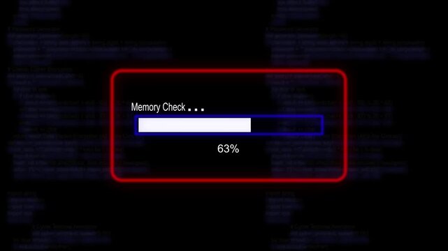 cyan glowing progress bar shows 100% percent of memory check on a background of computer code programming.4K Data Transfer and Secure Cloud Server Storage Technology Animation