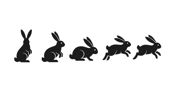 Dynamic illustration showcasing a sequence of a black rabbit's movements, from a calm stand to an agile sprint, capturing the grace and energy of wildlife in motion